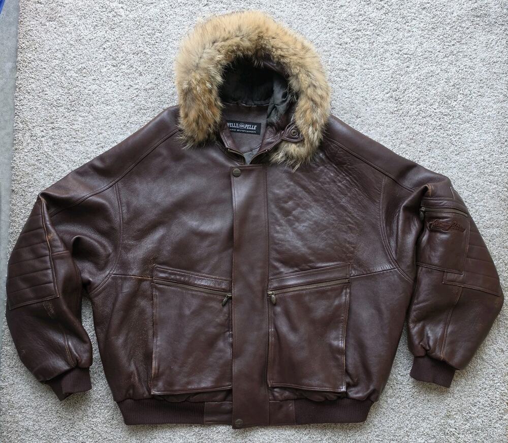 Vintage Pelle Pelle Marc Buchanan Fur Hood Brown Leather Bomber Jacket - Sz 52